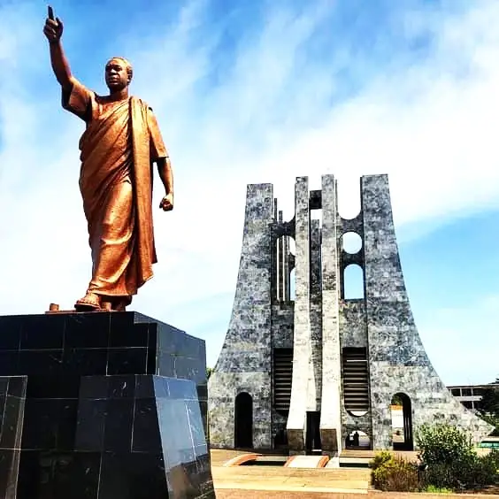 "Kwame Nkrumah Memorial Park statue and mausoleum in Accra, Ghana."