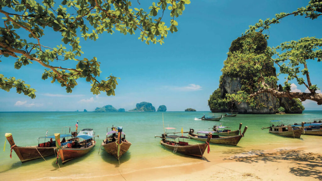 Krabi Thailand Railay Beach Tropical Beach With Limestone Rock