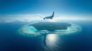 Airplane flying from UK to winter sun destination.