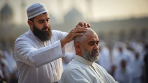 Pilgrim shaving head after completing Umrah
