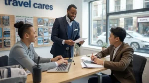 Travel Cares UK consultant helping customers apply for Saudi Arabia Umrah and tourist visas from London office