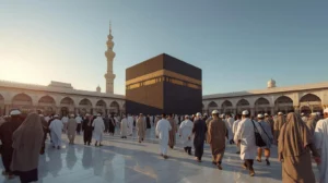 Peaceful pilgrims walking during Umrah rituals