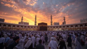 Muslim pilgrims from the UK performing Umrah near Kaaba in Makkah during evening time