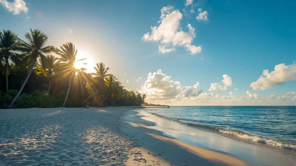 UK travellers relaxing on a tropical beach during a winter sun holiday.