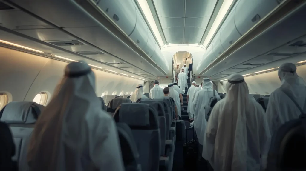 UK pilgrims boarding Umrah flight
