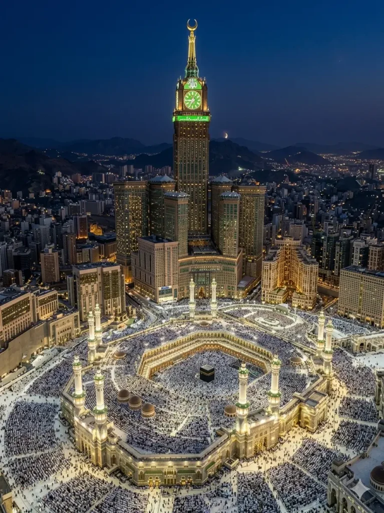 Abraj Al Bait Clock Tower illuminated at night in Makkah