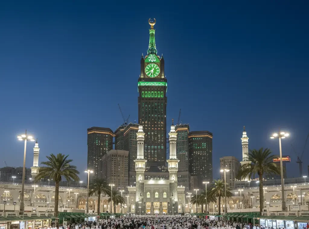 pilgrims walking near Abraj Al Bait Clock Tower in Makkah